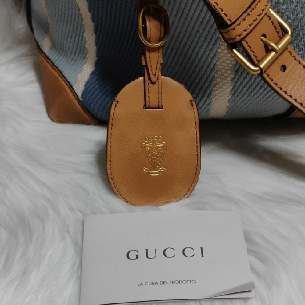 SALE! Auth Gucci Blue & White Striped Leather Trim Travel/Duffle Bag W Strap - Picture 2 of 16